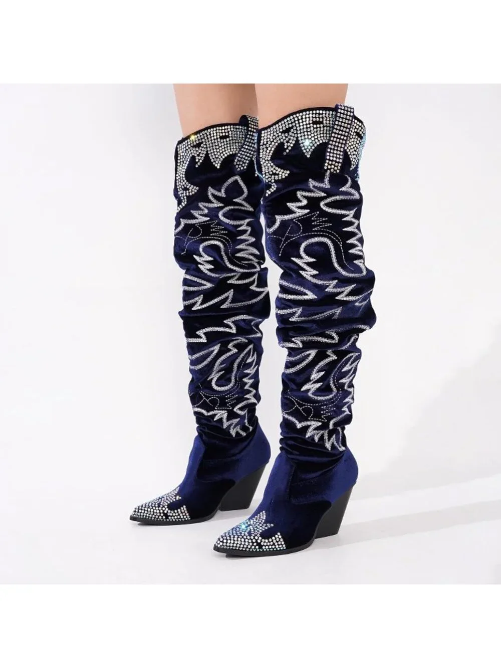 🆕 Women's Blue Rhinestone Embroidered Cowboy Wide Calf Over The Knee Boots